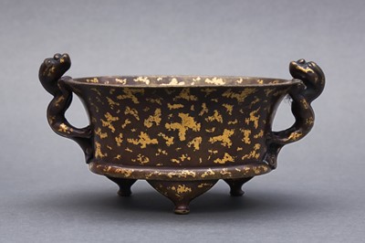 Lot 197 - A CHINESE GOLD-SPLASHED NARCISSUS BASIN-SHAPED BRONZE CENSER