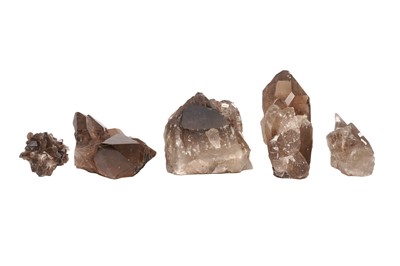Lot 73 - A GROUP OF FIVE SMOKY QUARTZ CLUSTERS