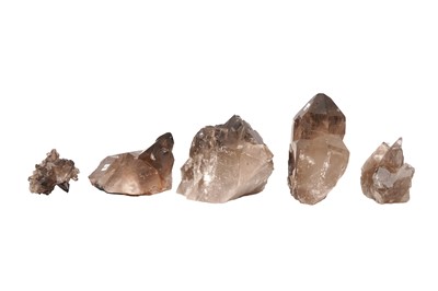Lot 73 - A GROUP OF FIVE SMOKY QUARTZ CLUSTERS