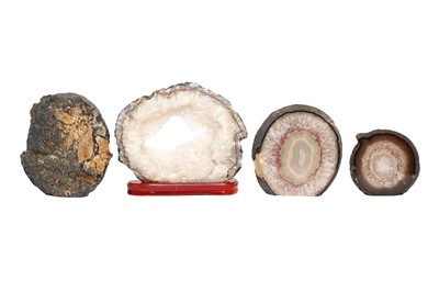 Lot 57 - THREE POLISHED AGATE GEODES AND A QUARTZ GEODE