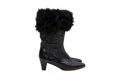 Lot 248 - Chanel Black Fur Trim Heeled Calf Boot