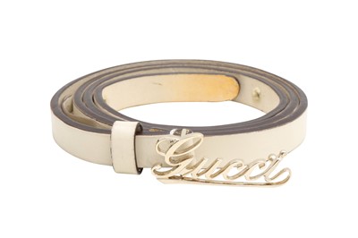 Lot 305 - Gucci Cream Slim Cursive Logo Belt - Size 95