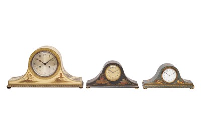 Lot 72 - THREE CHINOISERIE STYLE NAPOLEON HAT MANTEL CLOCKS, EARLY 20TH CENTURY