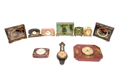 Lot 76 - A GROUP OF TEN ASSORTED EARLY 20TH CENTURY CHINOISERIE LACQUERED CLOCKS AND BAROMETERS