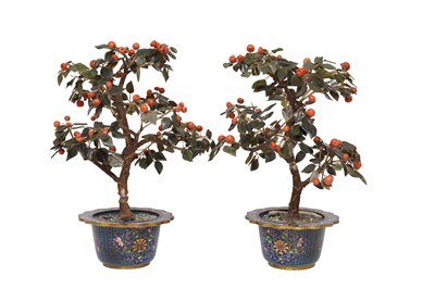 Lot 327 - A PAIR OF CHINESE CLOISONNE ENAMEL JARDINIERES AND HARDSTONE TREES