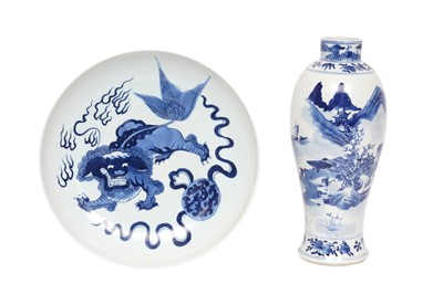 Lot 199 - A CHINESE BLUE AND WHITE VASE AND DISH