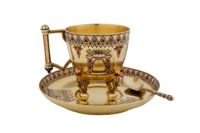 Lot 336 - An Alexander III late 19th century Russian 88 zolotnik silver gilt and champlevé enamel cup and saucer, Saint Petersburg circa 1890 by Theodor Nygren (active 1874-1898)