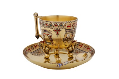 Lot 336 - An Alexander III late 19th century Russian 88 zolotnik silver gilt and champlevé enamel cup and saucer, Saint Petersburg circa 1890 by Theodor Nygren (active 1874-1898)