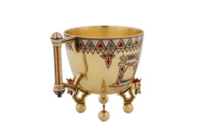 Lot 336 - An Alexander III late 19th century Russian 88 zolotnik silver gilt and champlevé enamel cup and saucer, Saint Petersburg circa 1890 by Theodor Nygren (active 1874-1898)