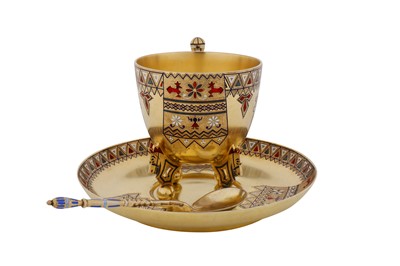 Lot 336 - An Alexander III late 19th century Russian 88 zolotnik silver gilt and champlevé enamel cup and saucer, Saint Petersburg circa 1890 by Theodor Nygren (active 1874-1898)