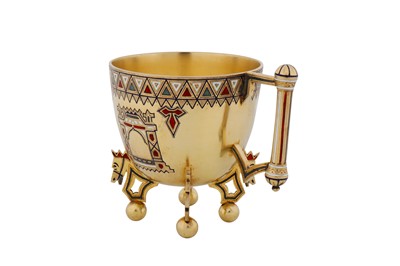 Lot 336 - An Alexander III late 19th century Russian 88 zolotnik silver gilt and champlevé enamel cup and saucer, Saint Petersburg circa 1890 by Theodor Nygren (active 1874-1898)