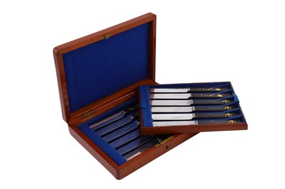 Lot 421 - A cased set of twelve Victorian close plate and Japanese bronze handled table knives, Sheffield circa 1890 by Harrison Brothers and Howson (est. 1847)