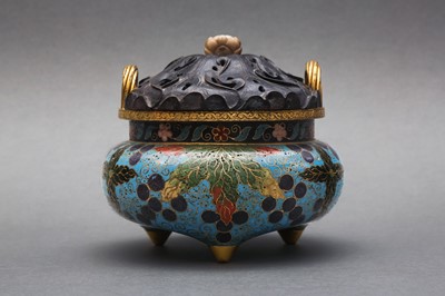 Lot 182 - A CHINESE CLOISONNE 'FRUITING VINES' CENSER AND COVER