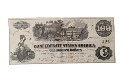 Lot 117 - CONFEDERATE STATES, 100 DOLLARS T39. THADDEUS SANDFORD ENDORSEMENT.