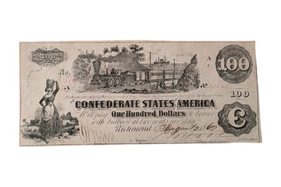 Lot 111 - CONFEDERATE STATES, 100 DOLLARS T39. JAMES SORELY (DEPOSITORY AND COLLECTOR) ENDORSEMENT.