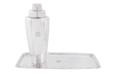 Lot An early 20th century American Art Deco sterling silver cocktail shaker and tray, New York circa 1935 by Tiffany and Co