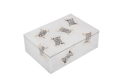 Lot A heavy late 20th century Italian silver and 18 carat gold inlaid bridge or playing card box, 1975 retailed by Bulgari