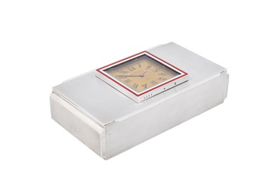 Lot 70 - A cased Elizabeth II sterling silver cigarette box, Birmingham 1958 by Mappin and Webb, with French silver and enamel clock