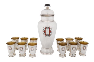 Lot 402 - An early 20th century American Art Deco sterling silver and enamel cocktail shaker set, circa 1927, possibly by Charter Company for International Sterling