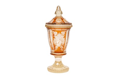 Lot 456 - A BOHEMIAN AMBER FLASH GLASS GOBLET AND COVER, LATE 19TH CENTURY