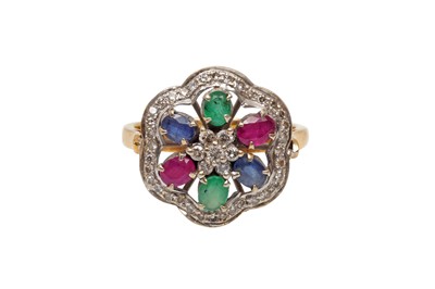 Lot 385 - A MULTI-GEM FLORAL CLUSTER RING