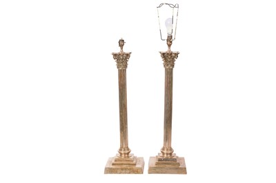 Lot 331 - A PAIR OF LARGE SILVER PLATED CORINTHIAN COLUMN TABLE LAMPS, 20TH CENTURY