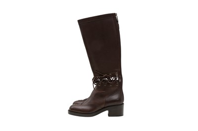 Lot 97 - Chanel Brown CC Open Lace Long Boot - Size 39