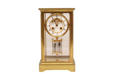 Lot 398 - A FRENCH BRASS FOUR GLASS MANTEL CLOCK OF 'CARRIAGE CLOCK' FORM