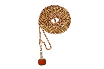 Lot 295 - A CARNELIAN FOB LONGCHAIN NECKLACE