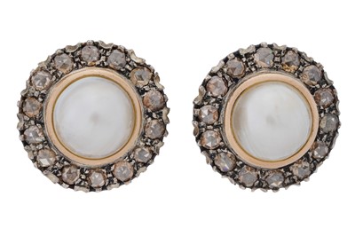 Lot 348 - A PAIR OF MABE PEARL AND DIAMOND CLUSTER EARRINGS