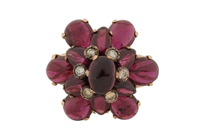 Lot 351 - A RHODOLITE GARNET AND DIAMOND CLUSTER RING