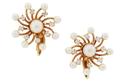 Lot 379 - A PAIR OF CULTURED PEARL AND DIAMOND EARRINGS