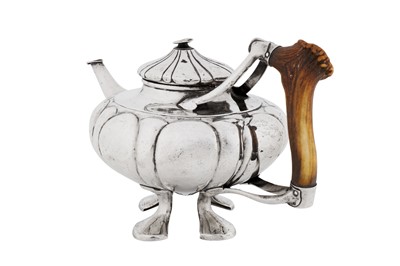 Lot 346 - An unusual and large early 20th century unmarked silver teapot, German or Swiss circa 1910