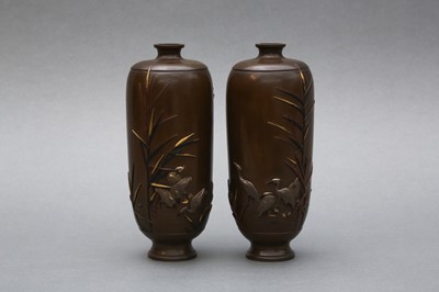 Lot 836 - A PAIR OF FINE JAPANESE INLAID BRONZE 'EGRETS' VASES