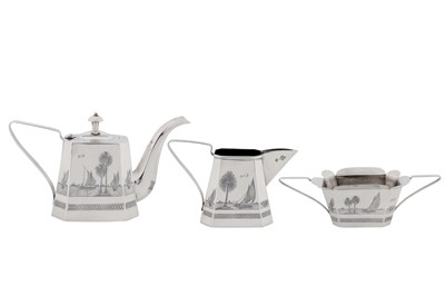 Lot 324 - An early 20th century Iraqi silver and niello three-piece tea service, Omara or Baghdad circa 1930 signed Faraj