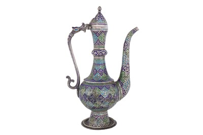 Lot 215 - An early 20th century Anglo – Indian unmarked silver and enamel ewer, Kashmir circa 1910