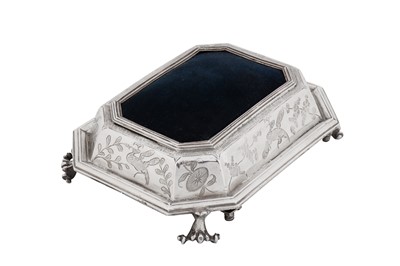 Lot 574 - A James II sterling silver chinoiserie pin cushion, London 1685 by I L two pellet above, fleur-de-lis below in a heart shaped punch (unidentified)