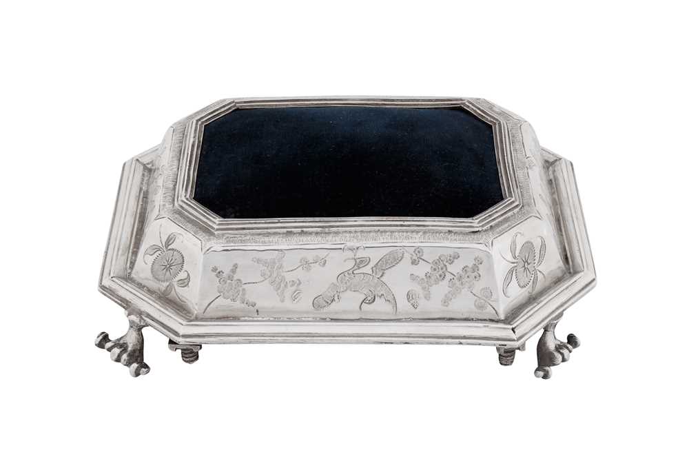 Lot 574 - A James II sterling silver chinoiserie pin cushion, London 1685 by I L two pellet above, fleur-de-lis below in a heart shaped punch (unidentified)