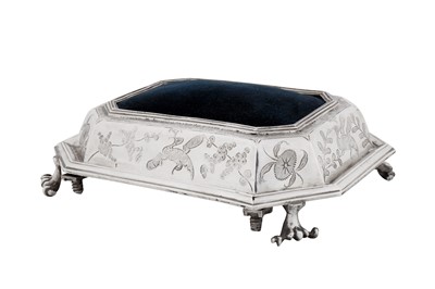 Lot 574 - A James II sterling silver chinoiserie pin cushion, London 1685 by I L two pellet above, fleur-de-lis below in a heart shaped punch (unidentified)