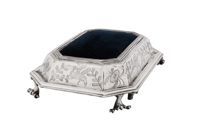 Lot 574 - A James II sterling silver chinoiserie pin cushion, London 1685 by I L two pellet above, fleur-de-lis below in a heart shaped punch (unidentified)