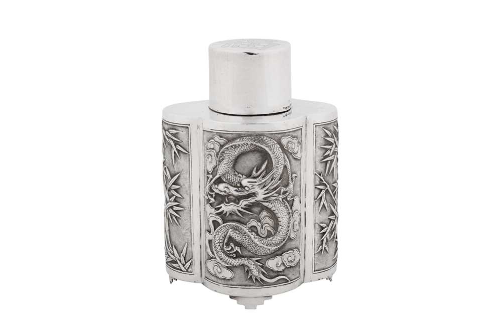 Lot 277 - A late 19th / early 20th century Chinese export silver tea caddy, Canton circa 1900, marked Zhou, retailed by Wang Hing