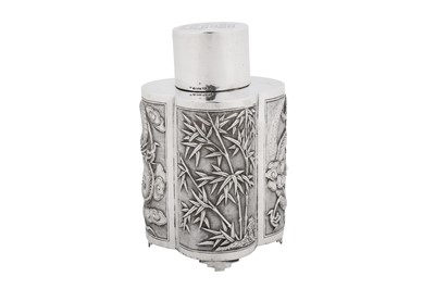 Lot 277 - A late 19th / early 20th century Chinese export silver tea caddy, Canton circa 1900, marked Zhou, retailed by Wang Hing