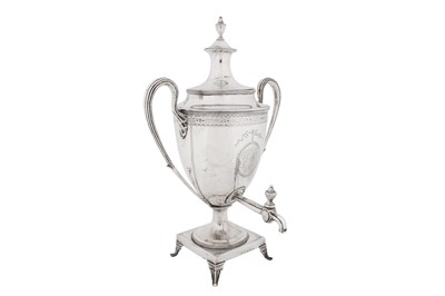 Lot A rare George III provincial sterling silver tea urn, Newcastle 1795 by John Robertson I and David Darling (active 10 July 1795 – 8 Nov 1796)