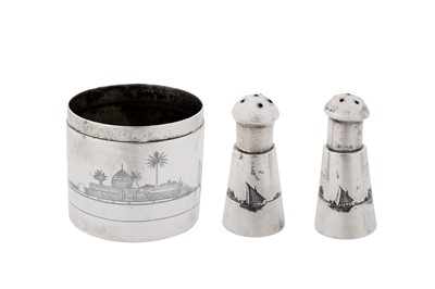 Lot 308 - A mid-20th century Iraqi silver and niello cruet set, circa 1940