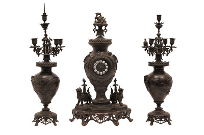 Lot 402 - A LARGE FRENCH BRONZE CHINOISERIE CLOCK GARNITURE, LATE 19TH CENTURY