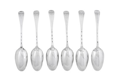 Lot 555 - A set of six George III Scottish provincial silver tablespoons, Glasgow circa 1783 by James McEwan (reg. 1783)