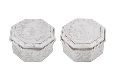 Lot 576 - A pair of Charles II sterling silver chinoiserie toilet boxes, London 1680 by Ralph Leake (free 1671)