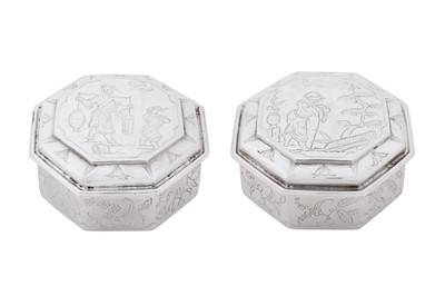 Lot 575 - A pair of Charles II sterling silver chinoiserie toilet boxes, London circa 1680 by Ralph Leake (free 1671)