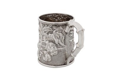 Lot 254 - An early 20th century Chinese export silver christening mug, Canton circa 1910, marked Xie Chang, retailed by Tuck Chang of Shanghai