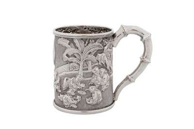 Lot 254 - An early 20th century Chinese export silver christening mug, Canton circa 1910, marked Xie Chang, retailed by Tuck Chang of Shanghai